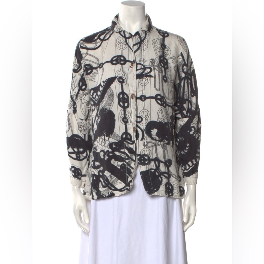 Hermes Black and White Silk Printed Button Down Shirt